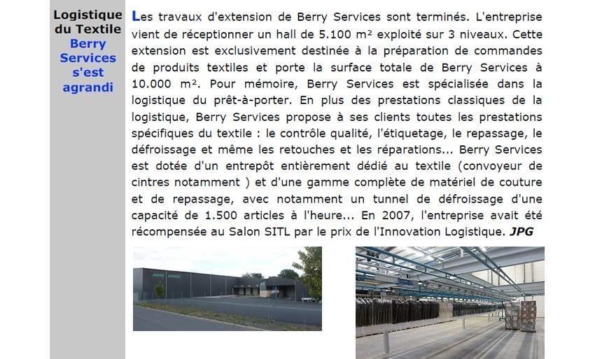 Logistique du Textile Berry Services s'est agrandi